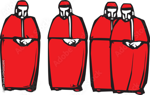 Woodcut style catholic cardinals in red robes