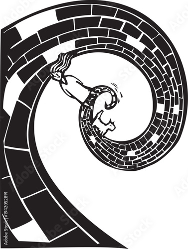 Woodcut style image of a girl and her dog at the beginning of a spiraling brick road