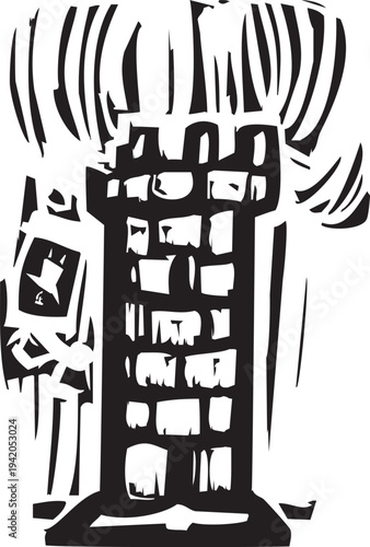 Woodcut style tarot card image of the tower which is on fire and collapsing 
