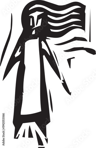 Woodcut style small girl standing alone