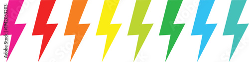 A vibrant and colorful illustration of eight lightning bolts in a rainbow of colors on a white background