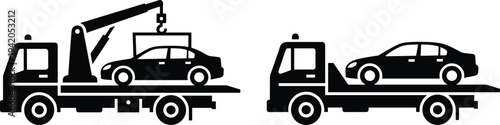 Tow Truck Carrying Car Vector Silhouette Set with Flatbed and Crane Recovery Vehicle Illustration for Roadside Assistance Service