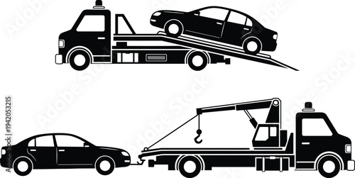 Tow Truck and Car Towing Service Vector Silhouette Set with Flatbed and Crane Recovery Vehicle Illustration for Roadside Assistance
