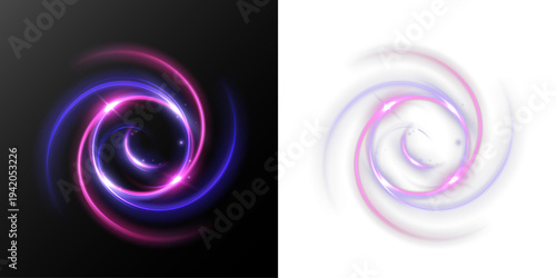 Pink and blue glowing spiral vortex light effect isolated on black background.