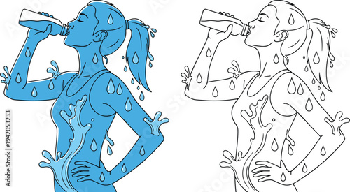 Woman drinking water bottle hydration concept with water splash healthy lifestyle fitness wellness line art vector illustration isolated