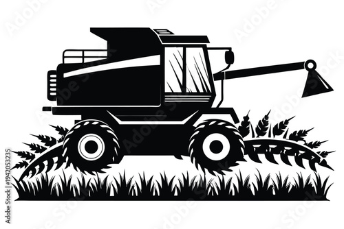 combine harvester silhouette line art vector illustration with a white background
