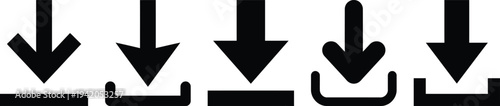 A collection of five distinct black arrow icons pointing downwards in various styles and orientations