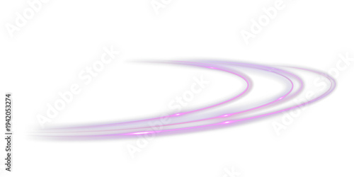 Glowing purple light trail curve speed motion effect isolated on black background.