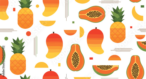 Colorful Tropical Fruits Seamless Pattern with Pineapple Mango Papaya Slices and Abstract Geometric Shapes Summer Food Vector Illustration Background.