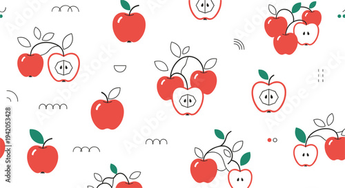 Cute Apple Fruit Seamless Pattern with Whole and Sliced Apples Leaves Minimal Flat Style Fresh Organic Food Vector Illustration Background.