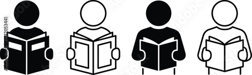 Four faceless figures reading books in black and white