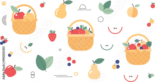 Farm Fresh Fruit Basket Collection with Apples Pear Strawberries Berries and Leaves Flat Style Organic Healthy Food Vector Illustration Set.