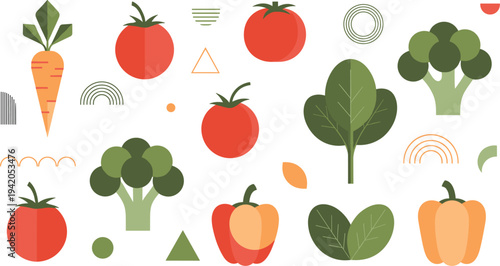 Healthy Vegetables Collection with Tomato Carrot Broccoli Bell Pepper and Leafy Greens Flat Style Organic Farm Food Vector Illustration Set.