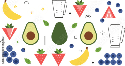 Healthy Smoothie Ingredients Collection with Banana Avocado Strawberry Blueberry and Blender Elements Flat Style Organic Food Vector Illustration Set.