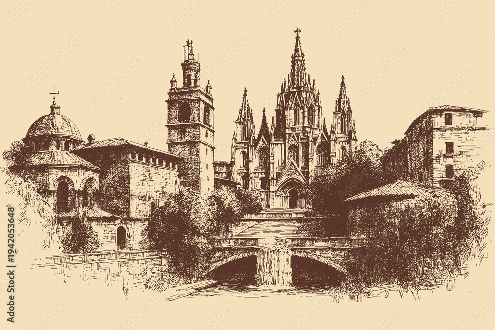 Fototapeta premium Sagrada Familia, Spain illustration in a vintage style. This vector illustration can be used in any size you like for advertising, logos, and other work.