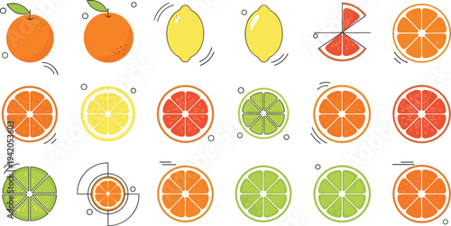 Colorful Citrus Fruit Collection with Orange Lemon Lime Grapefruit Whole Fruits and Slices Flat Style Healthy Food Vector Illustration Set.