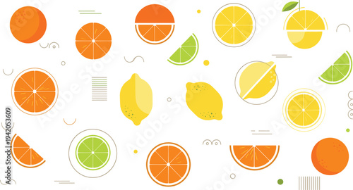 Colorful Citrus Fruits Pattern with Orange Lemon Lime Whole Fruits and Slices Modern Flat Healthy Food Vector Illustration Background.