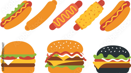 Hot dog and burger fast food collection vector illustration, sausage sandwich street food menu icons isolated flat design