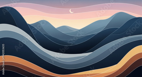 Abstract Mountain Landscape with Wavy Layers and Soft Colors.