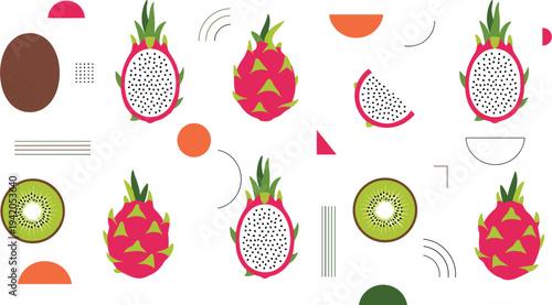 Colorful Dragon Fruit and Kiwi Tropical Fruit Pattern with Whole Fruits and Slices Modern Flat Summer Food Vector Illustration Background.