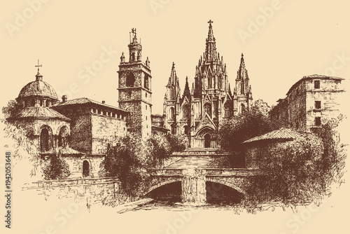 Sagrada Familia, Spain illustration in a vintage style. This vector illustration can be used in any size you like for advertising, logos, and other work.
