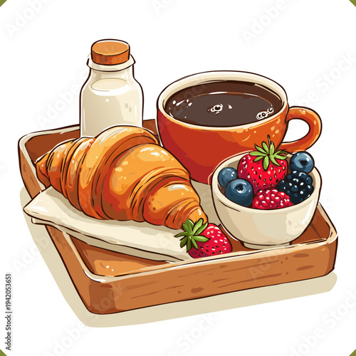 Vector breakfast tray with croissant, cup of coffee and fresh berries, cozy morning meal isolated on a white background