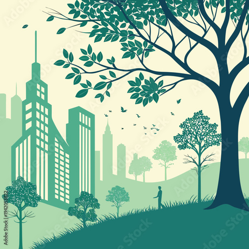 Eco City Vision: A Modern City Skyline Blended with Trees and Leaves Representing Sustainable Development and Green Urban Living