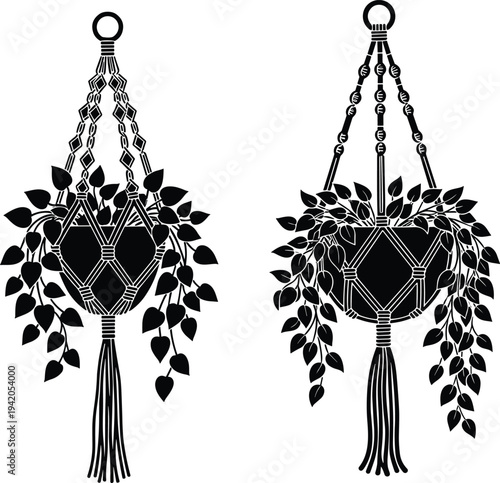 Macrame hanging plant holder set, boho home decor silhouette, indoor planter basket with leaves, handmade rope hanger interior decoration
