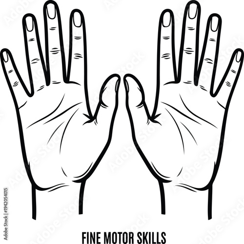 A black and white illustration of two hands with lines and markings on the fingers to demonstrate fine motor skills