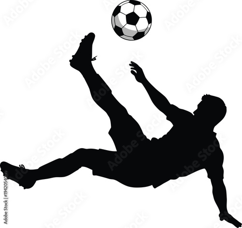 Dynamic black silhouette of a soccer player executing a powerful bicycle kick to strike a detailed black and white football on a transparent background.