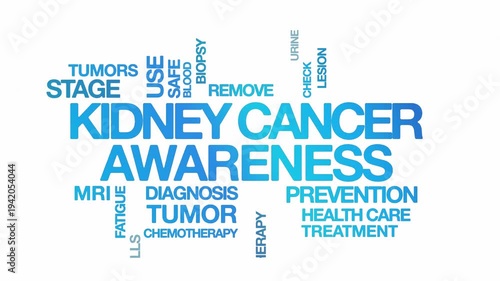 kidney cancer awareness concept Animated Tag Word Cloud kinetic typography, Text Design Animation typography seamless loop video motion graphics Intro Wordart sky blue type on white background bg back