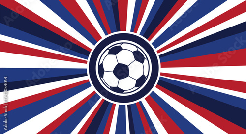 Dynamic soccer ball emblem centered inside a bold red, white, and blue radial sunburst background, perfect for international sports tournament designs.