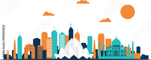 Colorful world landmarks skyline illustration featuring Taj Mahal, modern city buildings and mountains, travel tourism concept, global architecture, cultural destinations and international cityscape