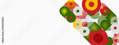 Abstract colorful circles, squares overlap white space. Geometric shapes create modern design, vibrant hues present.