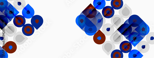 Abstract geometric pattern. Circles, squares overlap creating complex visual texture. Blue, red hues dominate white background. Modern design.