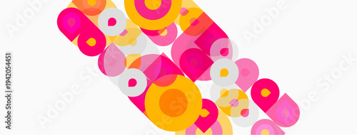 Abstract composition featuring overlapping circles. Pink, orange, yellow hues dominate white background. Modern, playful design elements present.