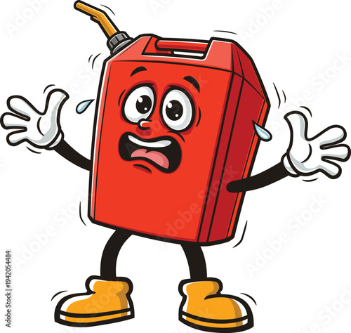 Cartoon mascot of a jerrycan or gasoline can is panicking