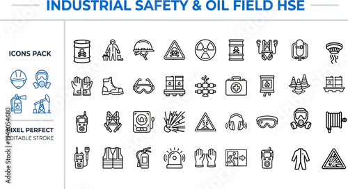 Industrial Safety and Oil Field HSE Icons Pack: Hazard Warning, Personal Protective Equipment, Risk Assessment and Occupational Health Vector Illustrations