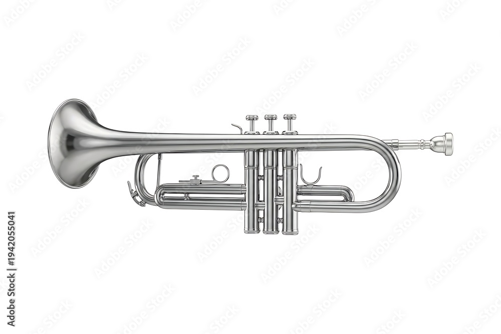 Obraz premium Classic Silver Trumpet Wind Instrument Isolated on Pristine White Background