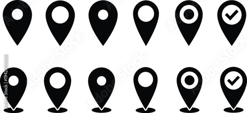 A set of black map pin icons with various states of completion