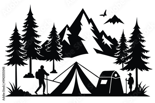 camping silhouette line art vector illustration with a white background