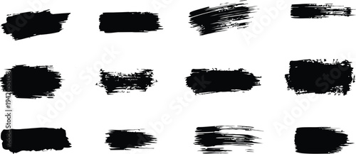 A collection of 12 black brush strokes on a white background for design and artistic use