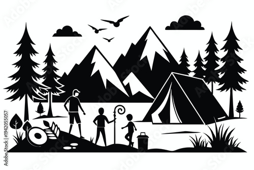 camping silhouette line art vector illustration with a white background