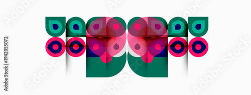 Abstract geometric design. Colorful shapes, rectangles, circles create symmetrical pattern. Modern illustration, vibrant hues, playful composition.