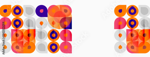 Colorful circles, squares repeat patterns. Geometric shapes create vibrant design. Minimalist aesthetic, modern style.