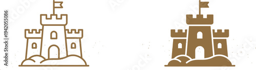 Two sandcastles with flags on top on a white background