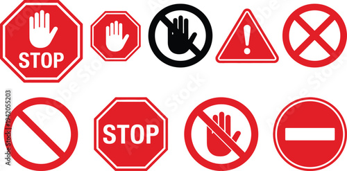 Collection of various traffic and prohibition signs on white background
