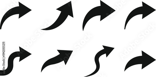 Collection of black arrows pointing in various rightward directions on white background