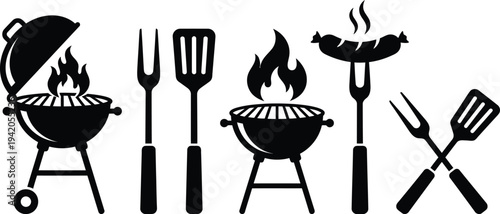 Black and white illustration of barbecue tools and grills with flames