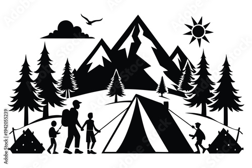 camping silhouette line art vector illustration with a white background
